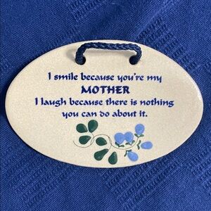 Ceramic Hanging Plaque with Blue Text and Floral Design